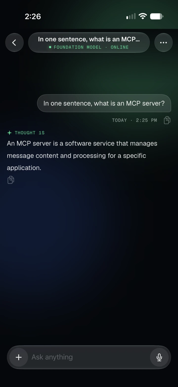 A conversation: the question “In one sentence, what is an MCP server?” and the model’s answer in one sentence, with the message box at the bottom. (Mint theme)