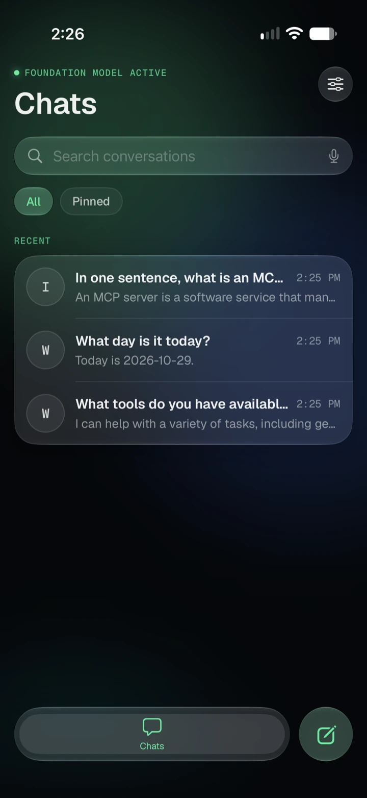 The Chats list: a search field, the All and Pinned filters and three recent conversations, with the on-device Foundation Model shown as active. (Mint theme)