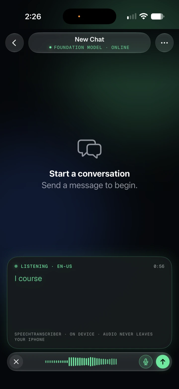 Dictation in progress: a Listening panel transcribes the speech live, with a sound wave and the note that the audio never leaves the iPhone. (Mint theme)