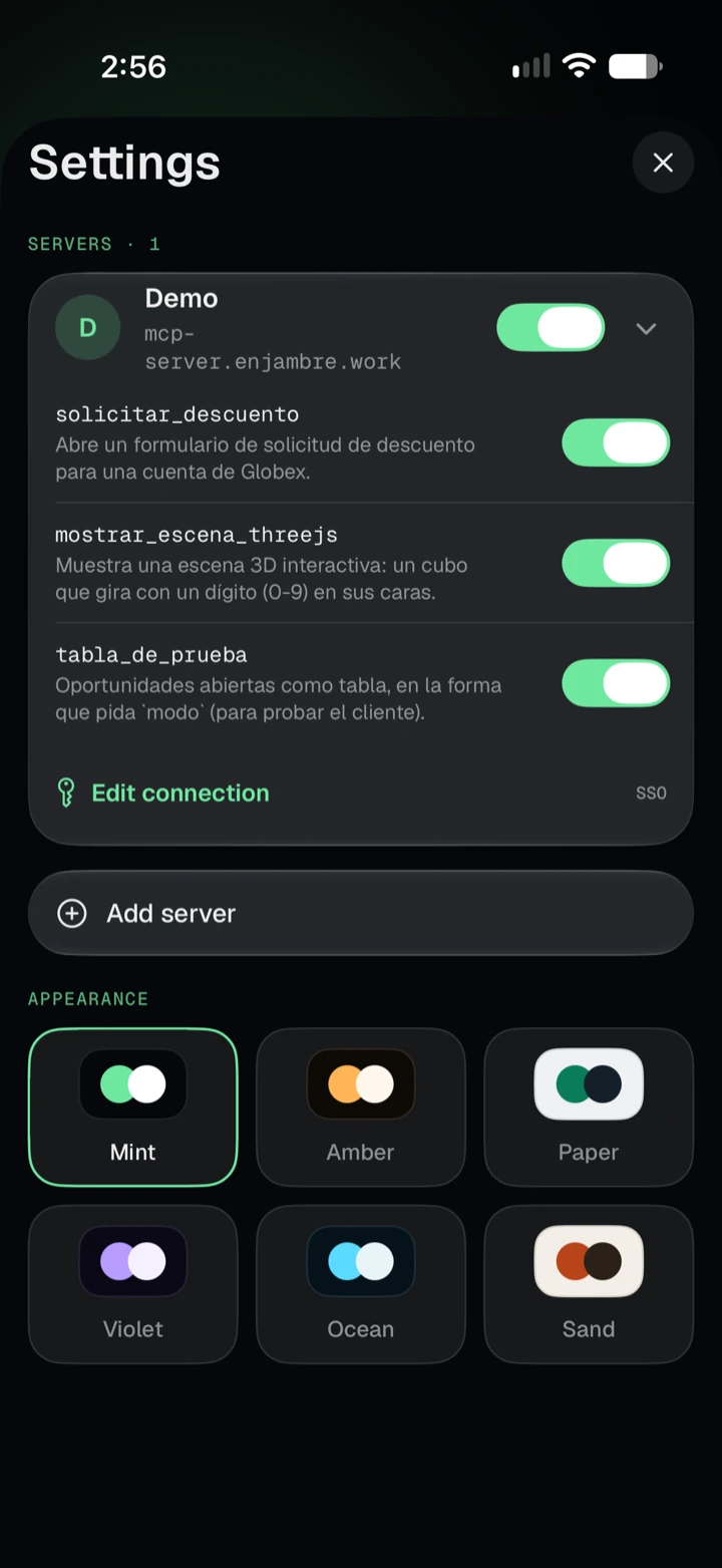 The Settings screen: a connected MCP server with its three tools, each with its own switch, an Add server button and the six app themes to choose from. (Mint theme)